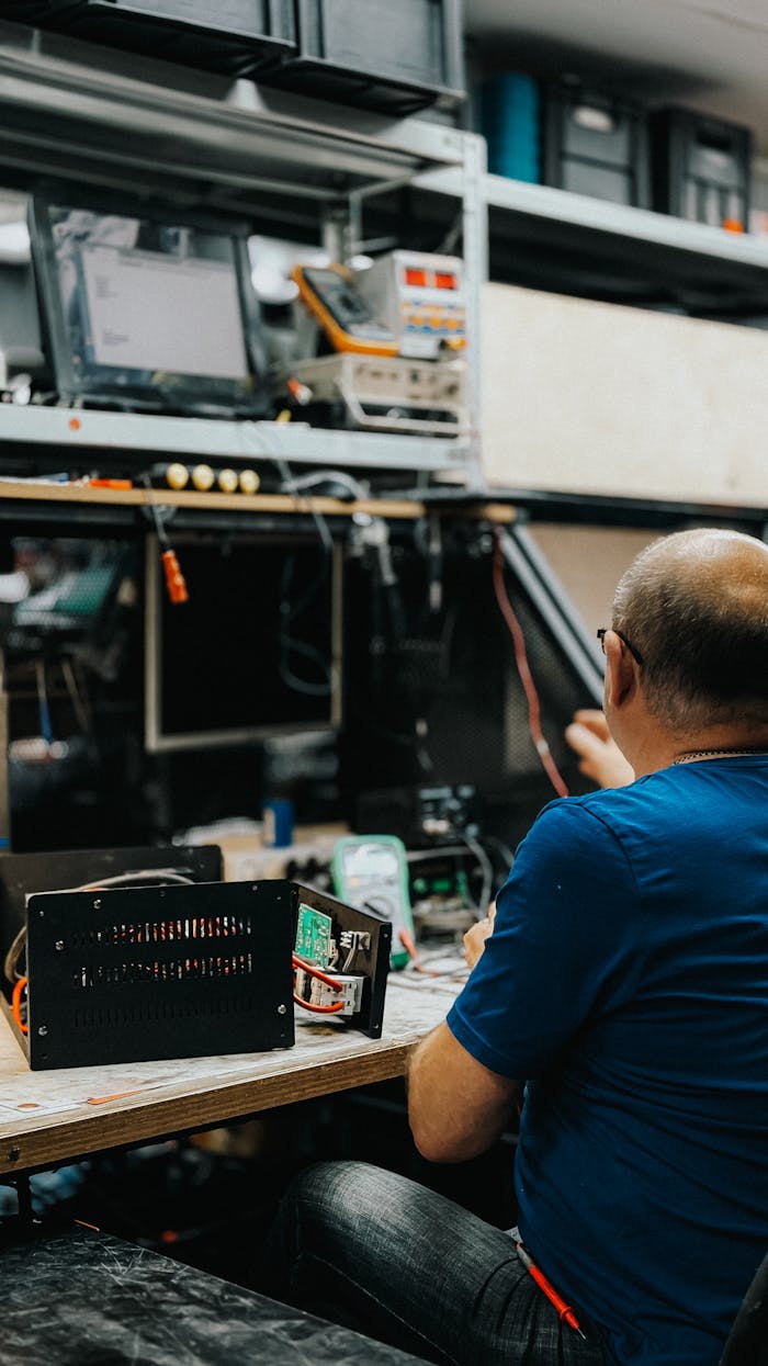 services-04 Technician working on electronics at a cluttered workbench in a modern workshop.